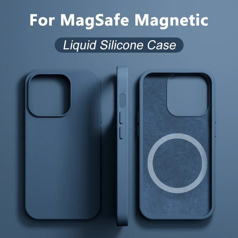 A blue liquid silicone phone case with MagSafe magnetic compatibility.