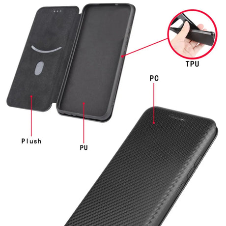 Black smartphone flip case made of plush, PU, PC, and TPU materials.