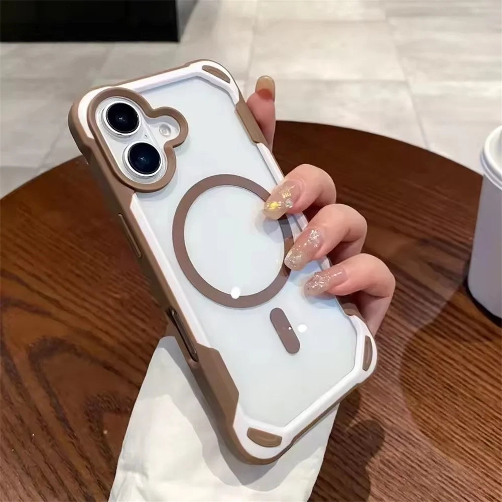 Clear smartphone case with brown protective edges and a circular magnetic accessory.