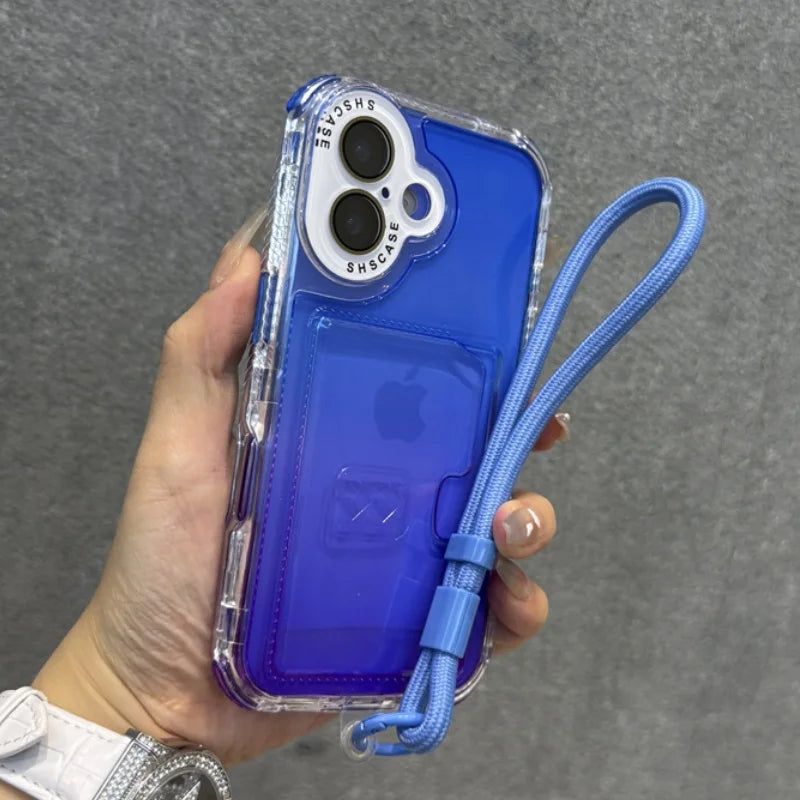 Clear phone case with a blue back panel, integrated card slot, and an attached blue lanyard.