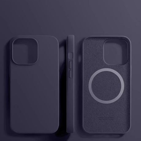 Three views of a dark purple silicone phone case with MagSafe compatibility.