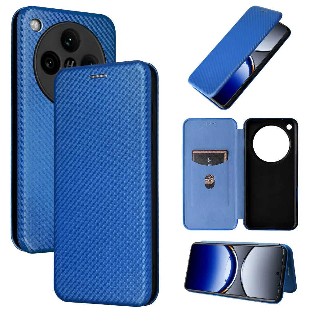 Blue carbon fiber pattern phone case with multiple views.