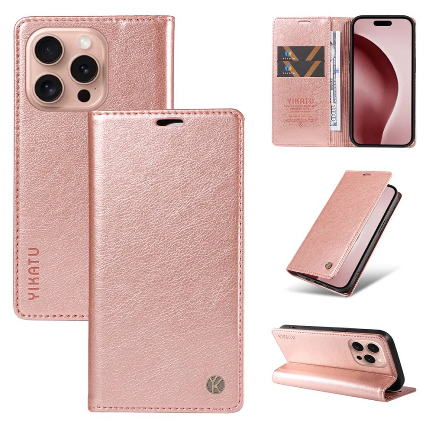 Rose gold faux leather phone case with card slots and kickstand functionality.