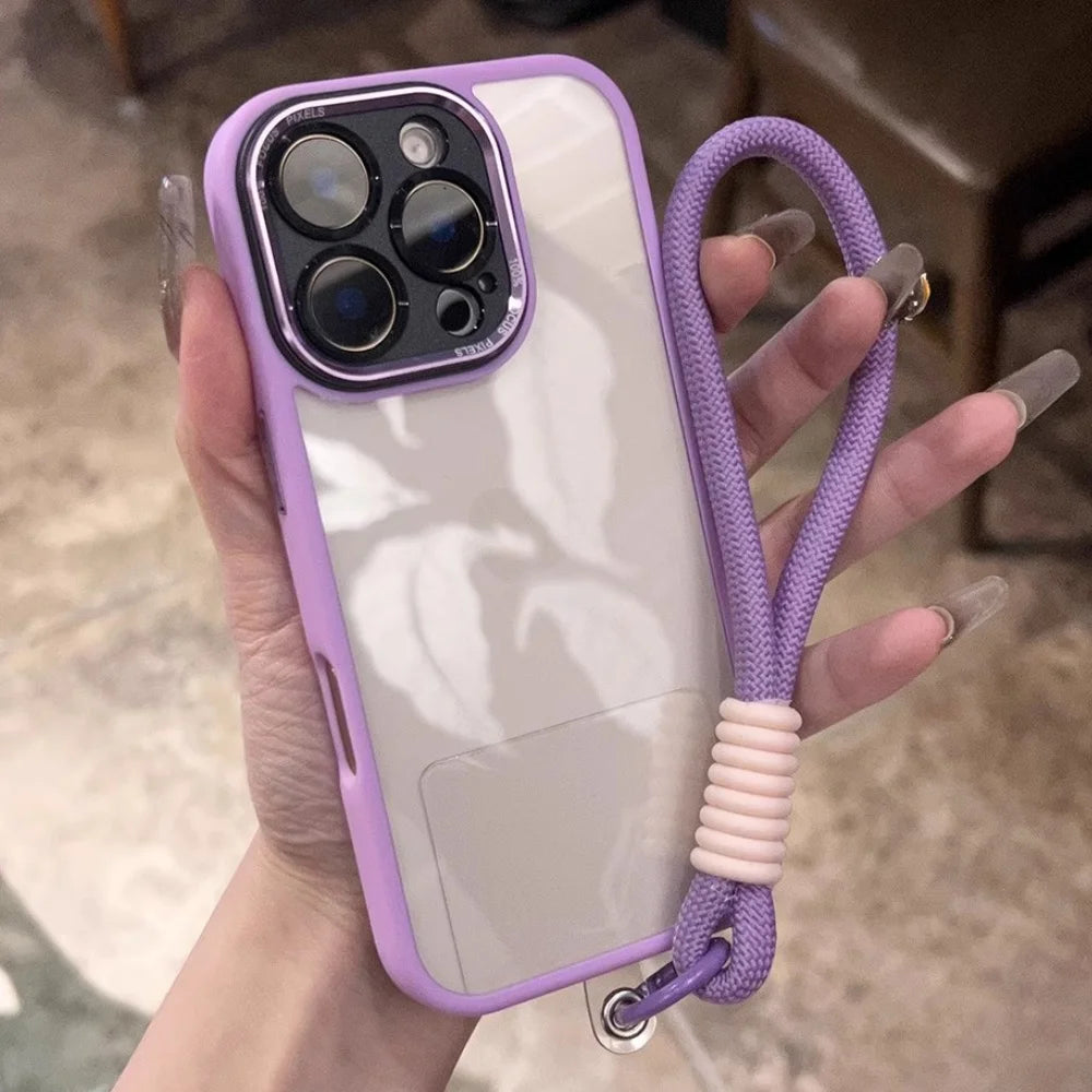 Purple iPhone case with a clear back and a matching wrist strap.
