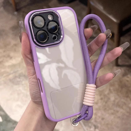 Purple iPhone case with a clear back and a matching wrist strap.