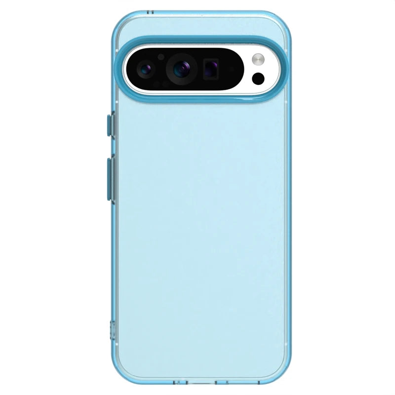 Transparent light blue smartphone case with a camera cutout.