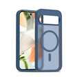A blue smartphone with a clear magnetic case.