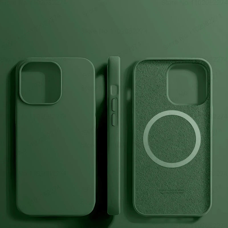 Three views of a dark green silicone phone case with MagSafe compatibility.
