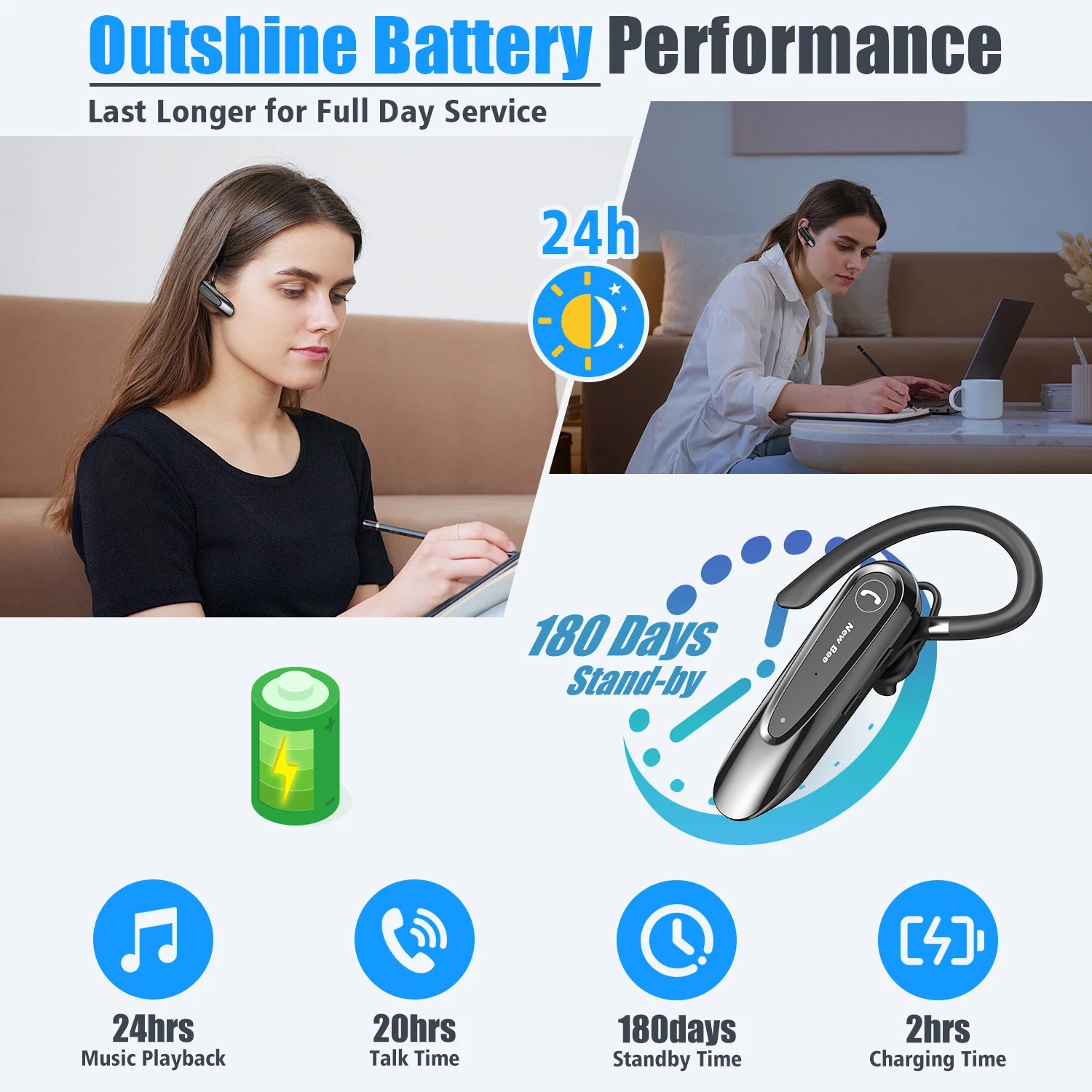 Bluetooth headset with long battery life.