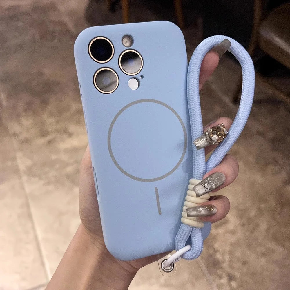 Light blue silicone phone case with a wrist lanyard.