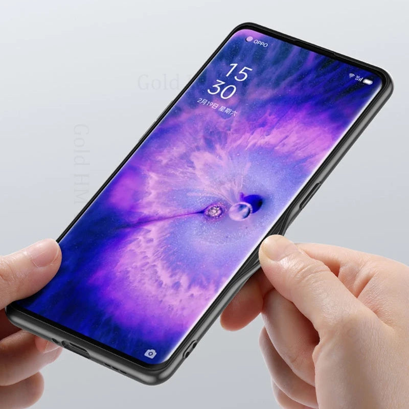 Black smartphone with a vibrant purple-blue display and a flexible protective case.