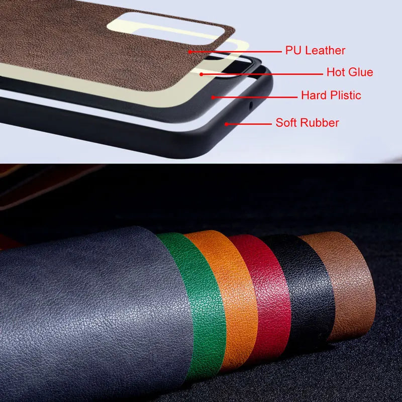 Layered smartphone case construction with various colored faux leather material options.