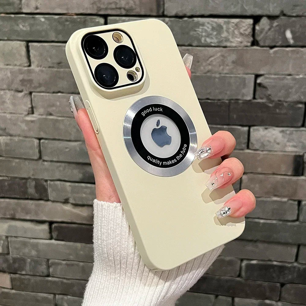 Beige iPhone case with a circular metallic accent around the Apple logo cutout.