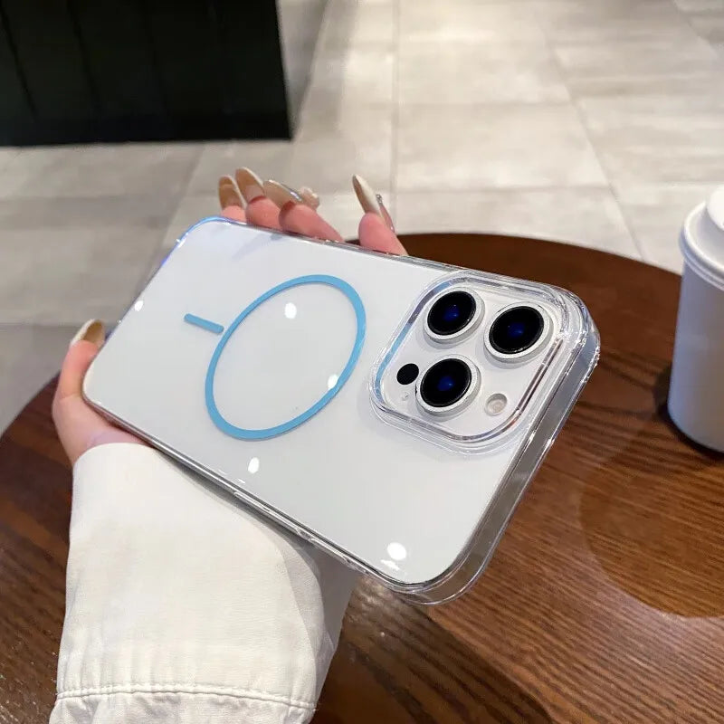 Clear iPhone case with a blue MagSafe ring and camera protection.