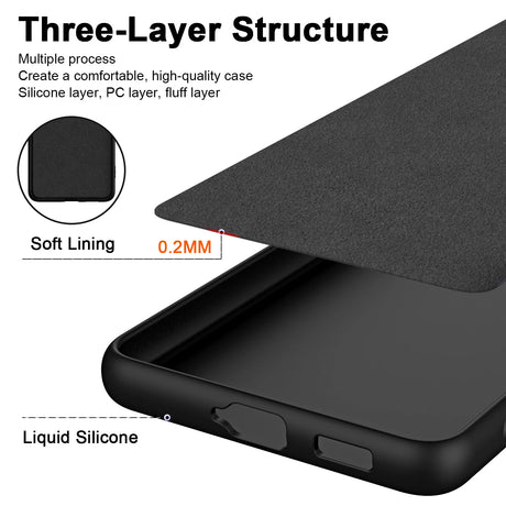 A black, three-layer protective phone case with a soft lining and liquid silicone exterior.