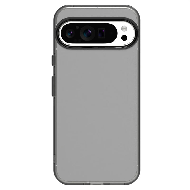 Gray smartphone with a transparent case and a prominent horizontal camera bar.