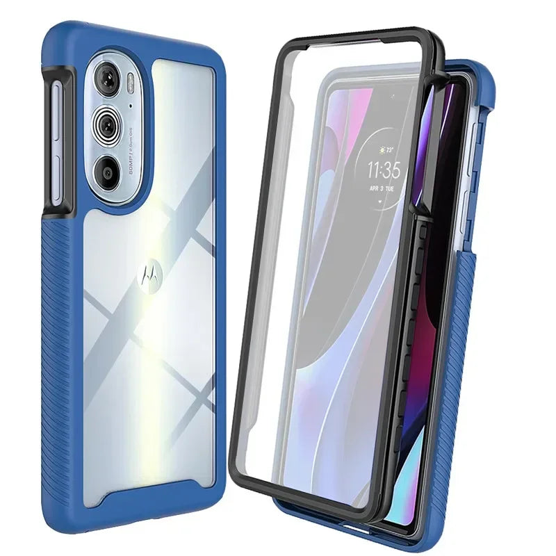 Two blue and clear protective phone cases designed for a Motorola smartphone.