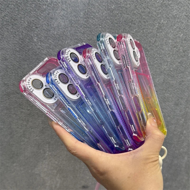 A collection of clear, gradient-colored smartphone cases with reinforced camera cutouts and lanyard attachments.