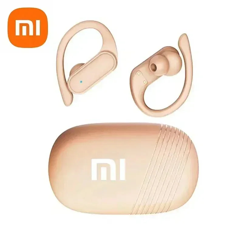 Pair of beige wireless earbuds with ear hooks and matching charging case.