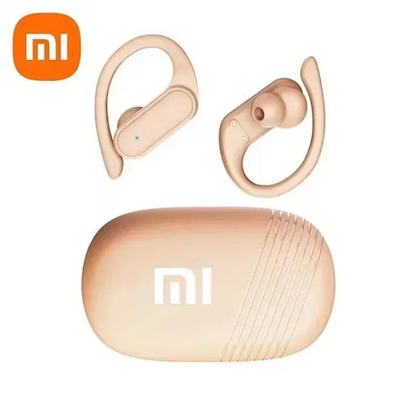Pair of beige wireless earbuds with ear hooks and matching charging case.