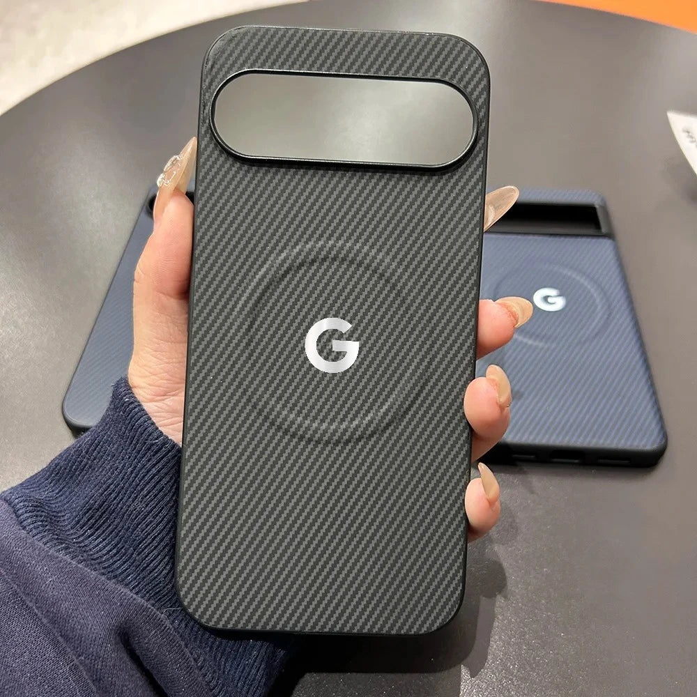 A black carbon fiber phone case with a camera cutout and a white Google ’G’ logo.