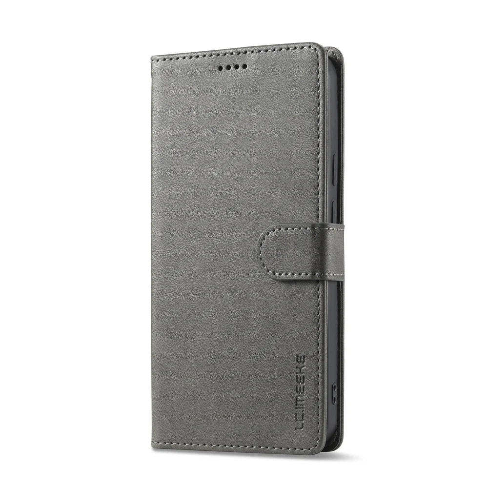 Gray faux leather wallet phone case with a magnetic clasp.