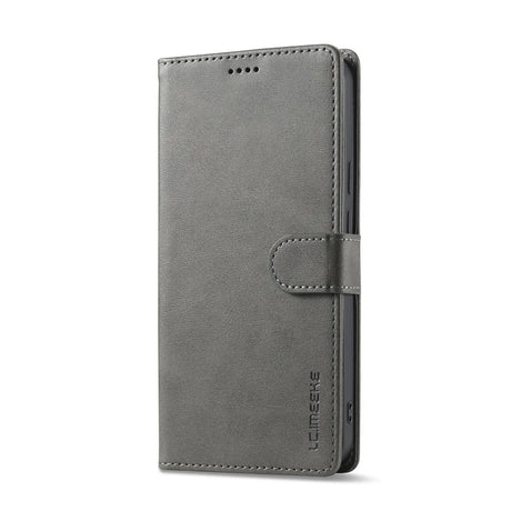 Gray faux leather wallet phone case with a magnetic clasp.
