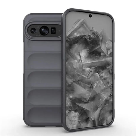 A smartphone in a gray puffer-style case, with a display showing a gray abstract pattern.