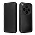 A black carbon fiber flip case for a smartphone, featuring a large circular cutout for a multi-lens camera system and a flash.