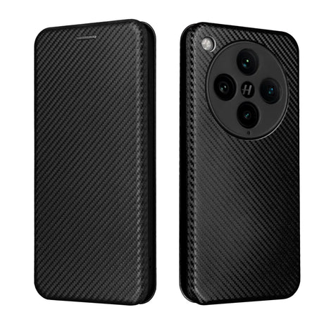 A black carbon fiber flip case for a smartphone, featuring a large circular cutout for a multi-lens camera system and a flash.