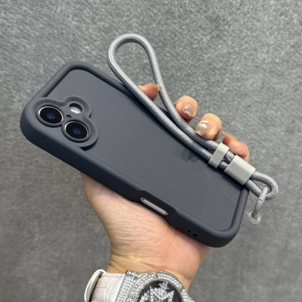Dark gray iPhone case with a wrist strap.