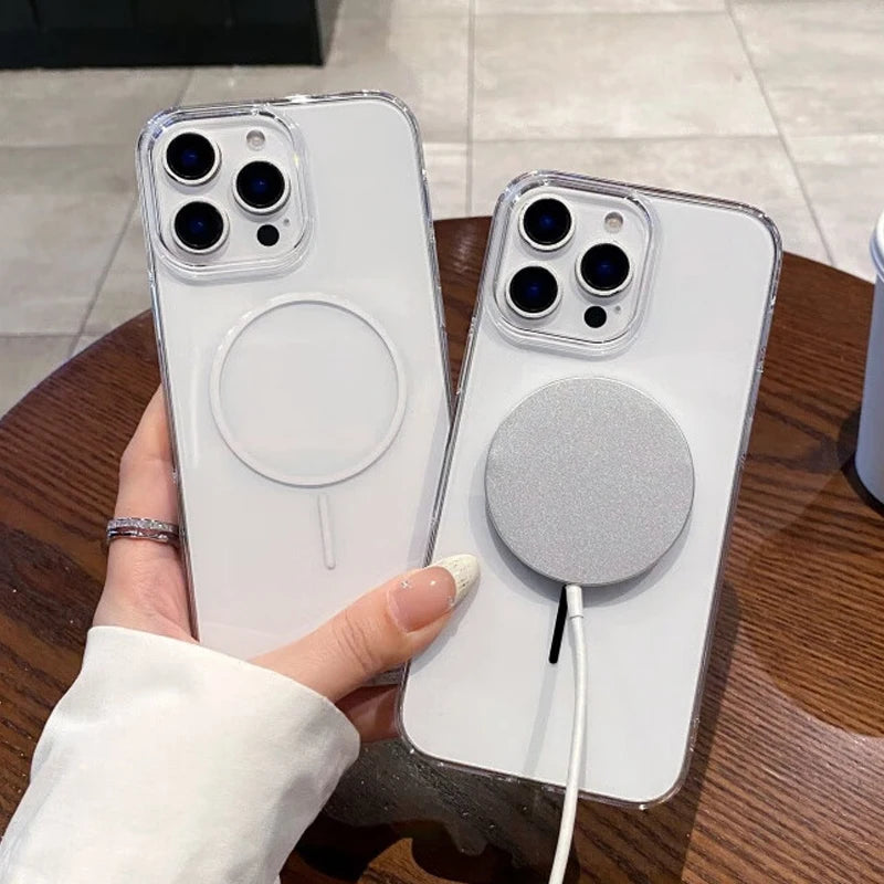 Two clear MagSafe-compatible iPhone cases, one with a charger attached.