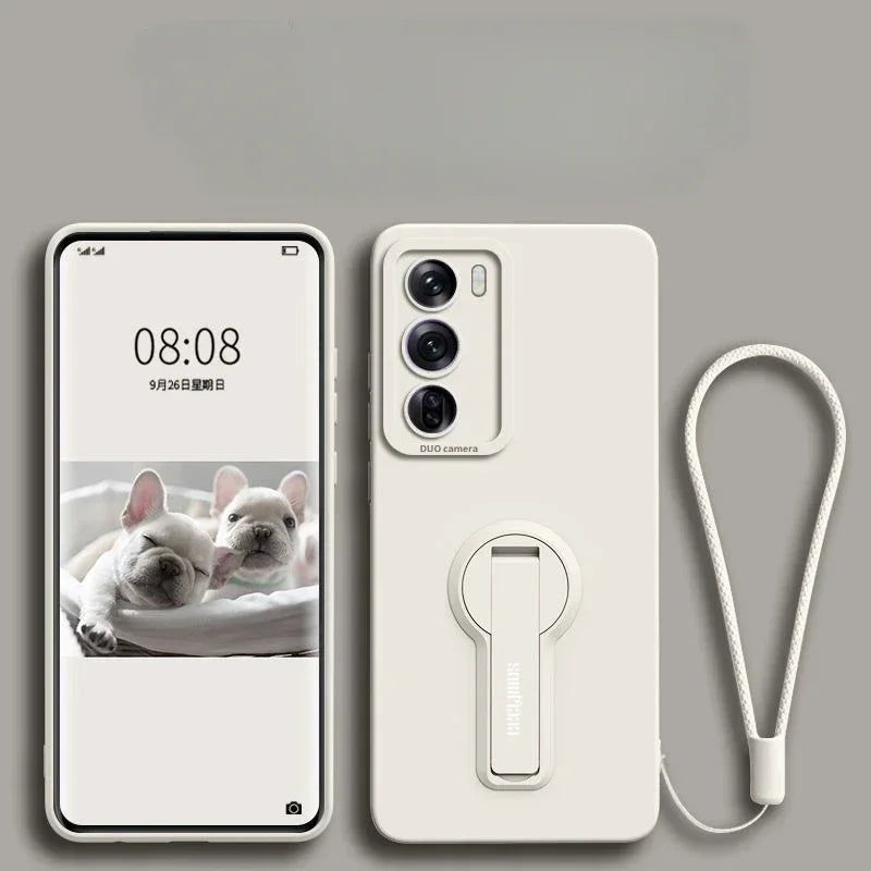 A white phone case with a built-in kickstand and a matching wrist strap.