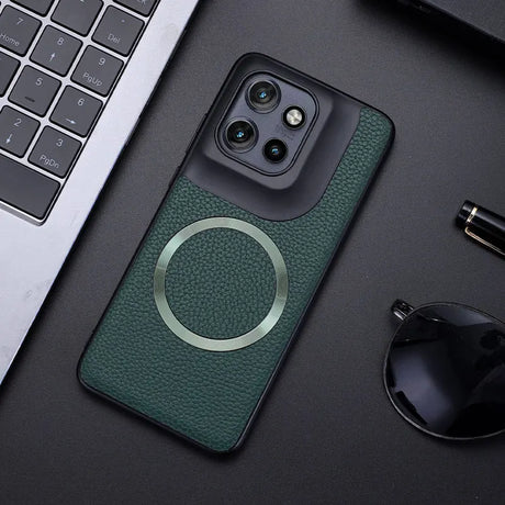 A dark green, textured phone case with a black camera module and a silver magnetic ring.
