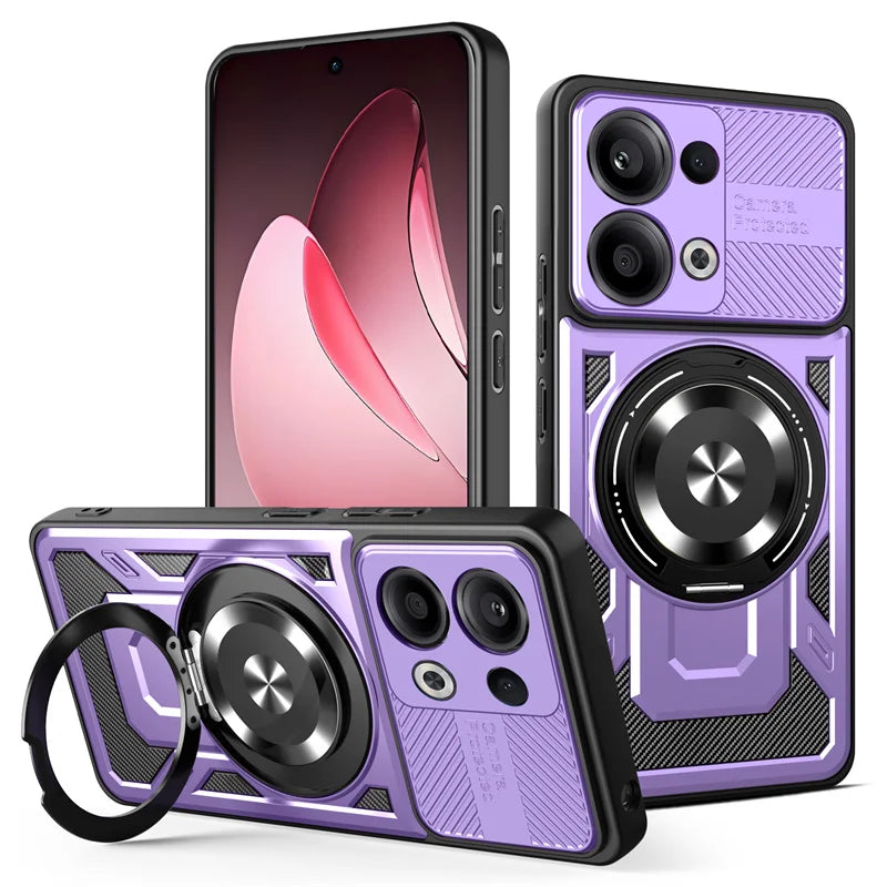 Purple protective phone case with an integrated ring stand and camera cover.