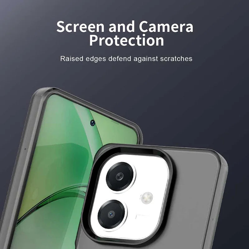 A transparent phone case with raised edges for screen and camera protection.