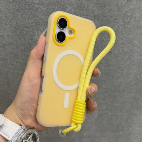 A yellow iPhone case with a white MagSafe ring, featuring a matching yellow wrist strap attached to the bottom.