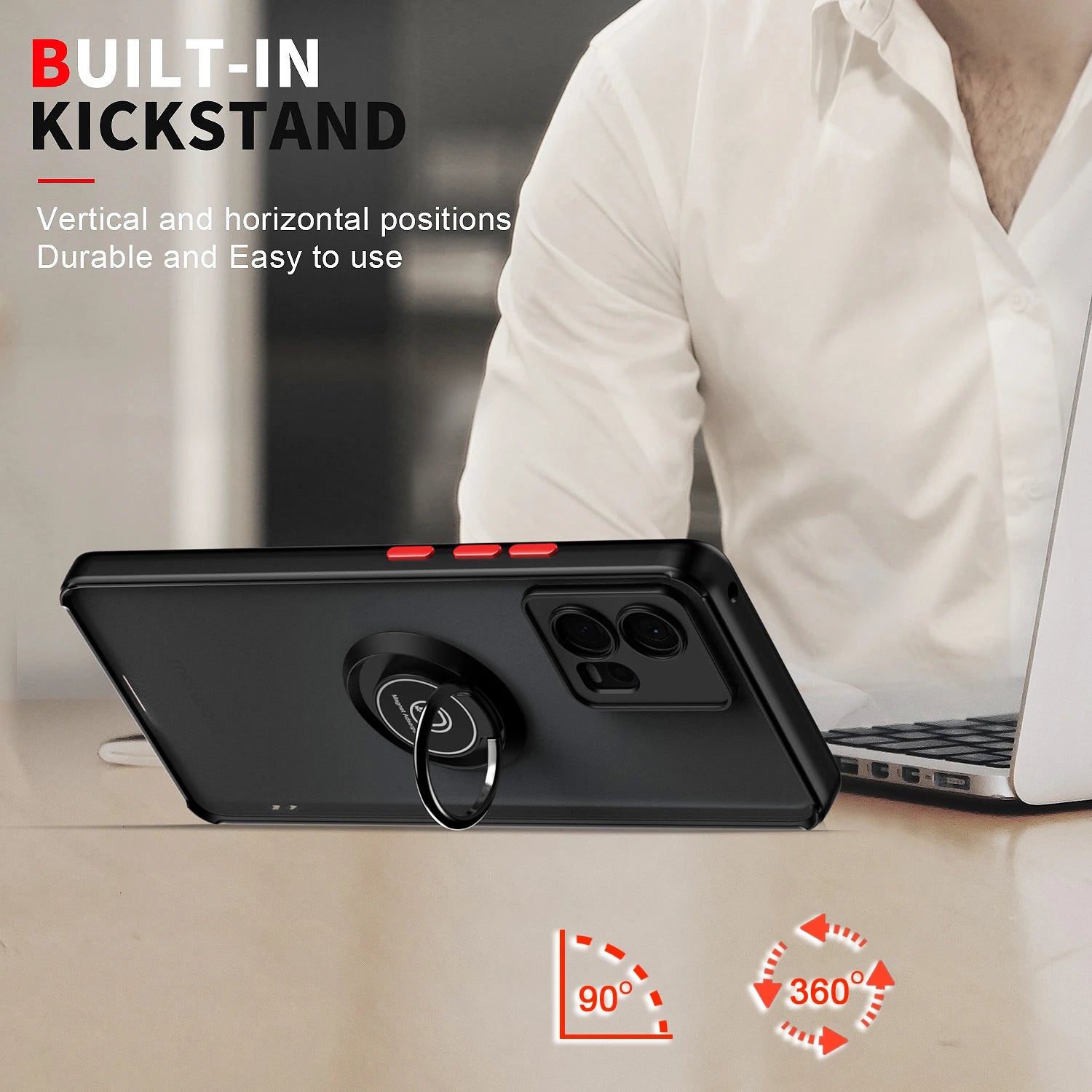 Black smartphone case with a built-in kickstand ring.