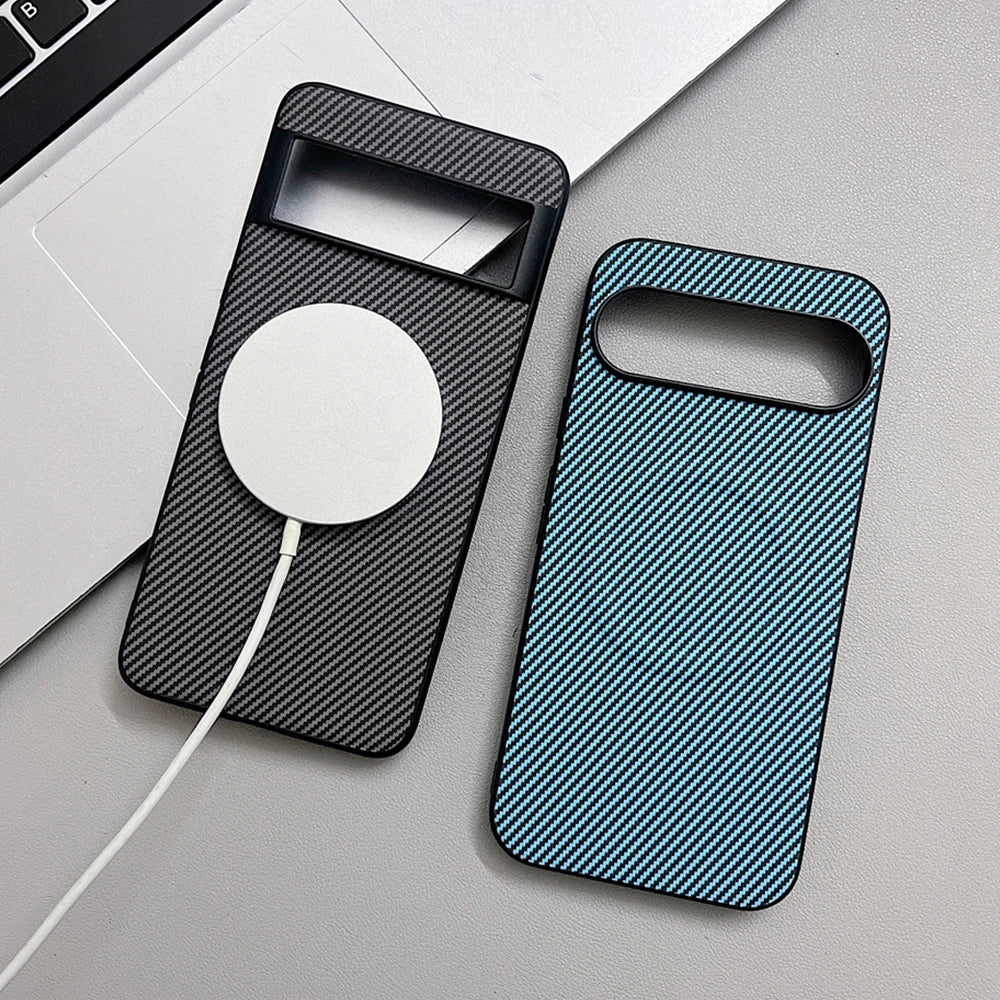 Two smartphone cases, one black with a magnetic charger, the other teal.