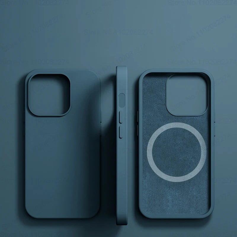 Three views of a solid blue-gray phone case with MagSafe compatibility.