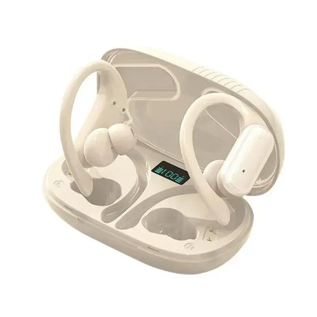 White wireless earbuds with ear hooks in an open charging case.