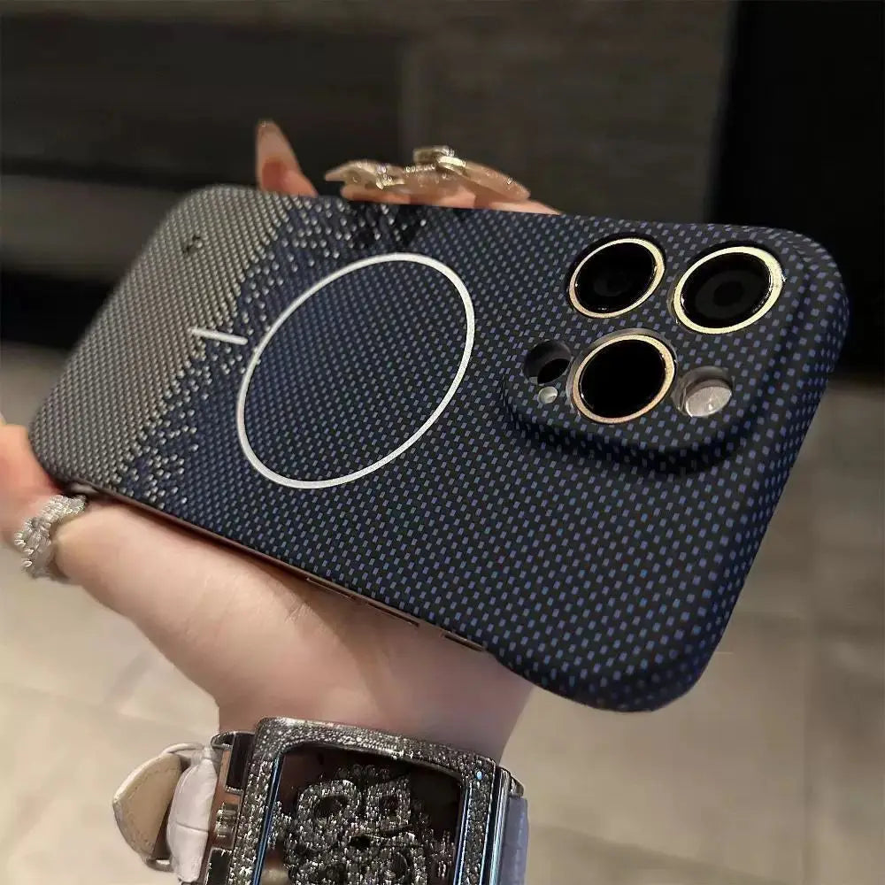 Dark blue, textured iPhone case with a silver ring for MagSafe and a triple camera cutout.