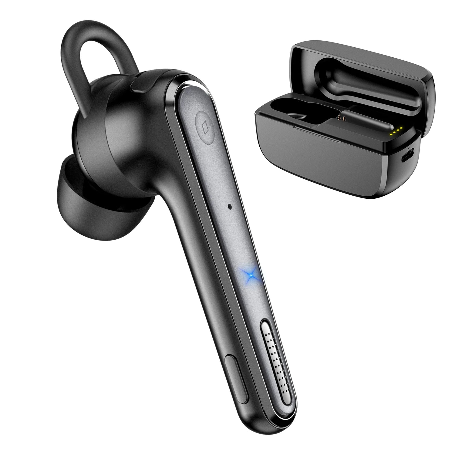 Black wireless earbud with an ear hook and a matching charging case.