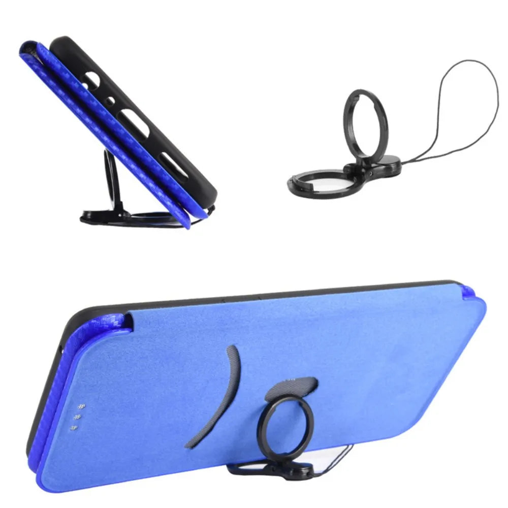 A blue phone case with an integrated kickstand and a separate ring holder attachment.