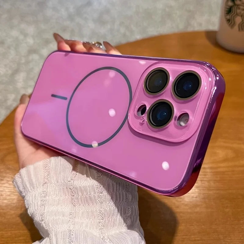 Pink iridescent phone case with MagSafe ring and camera protection.
