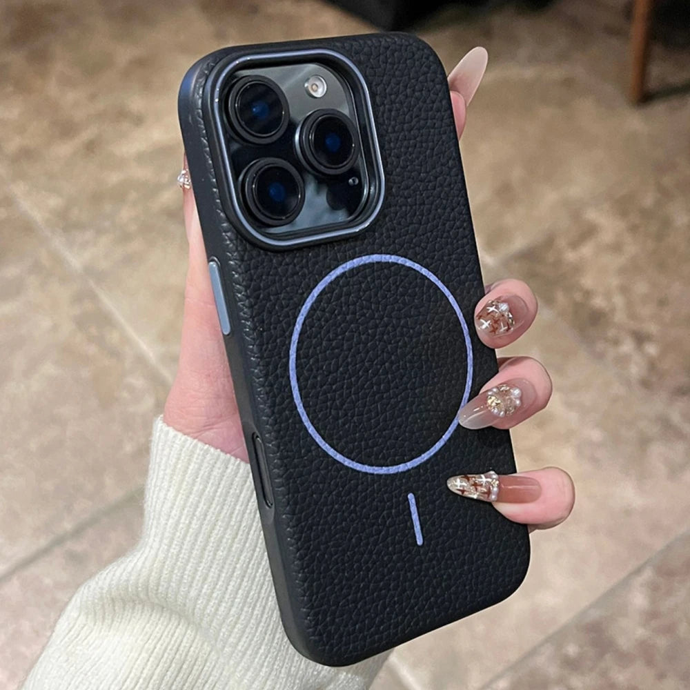 Black leather iPhone case with a circular magnetic ring and a textured finish.