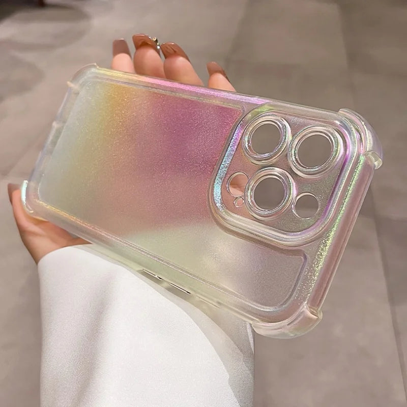 Iridescent silicone phone case with reinforced corners and precise cutouts for multiple cameras.
