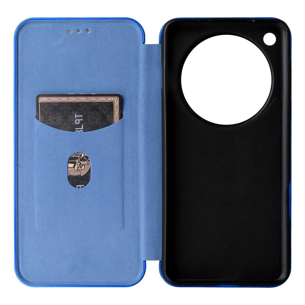 Blue flip phone case with card slots and a circular camera cutout.
