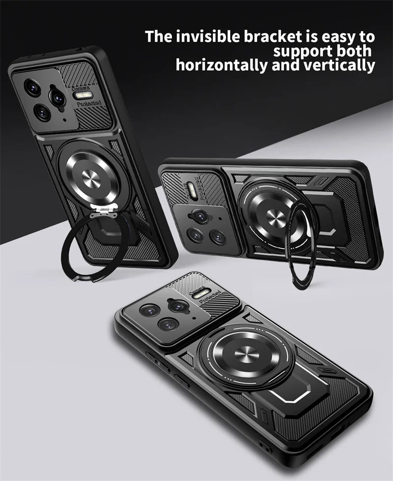 Black smartphone case with a built-in kickstand and camera protection.