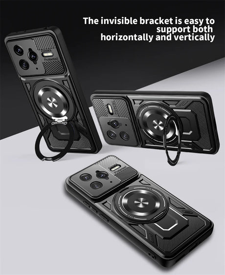Black smartphone case with a built-in kickstand and camera protection.